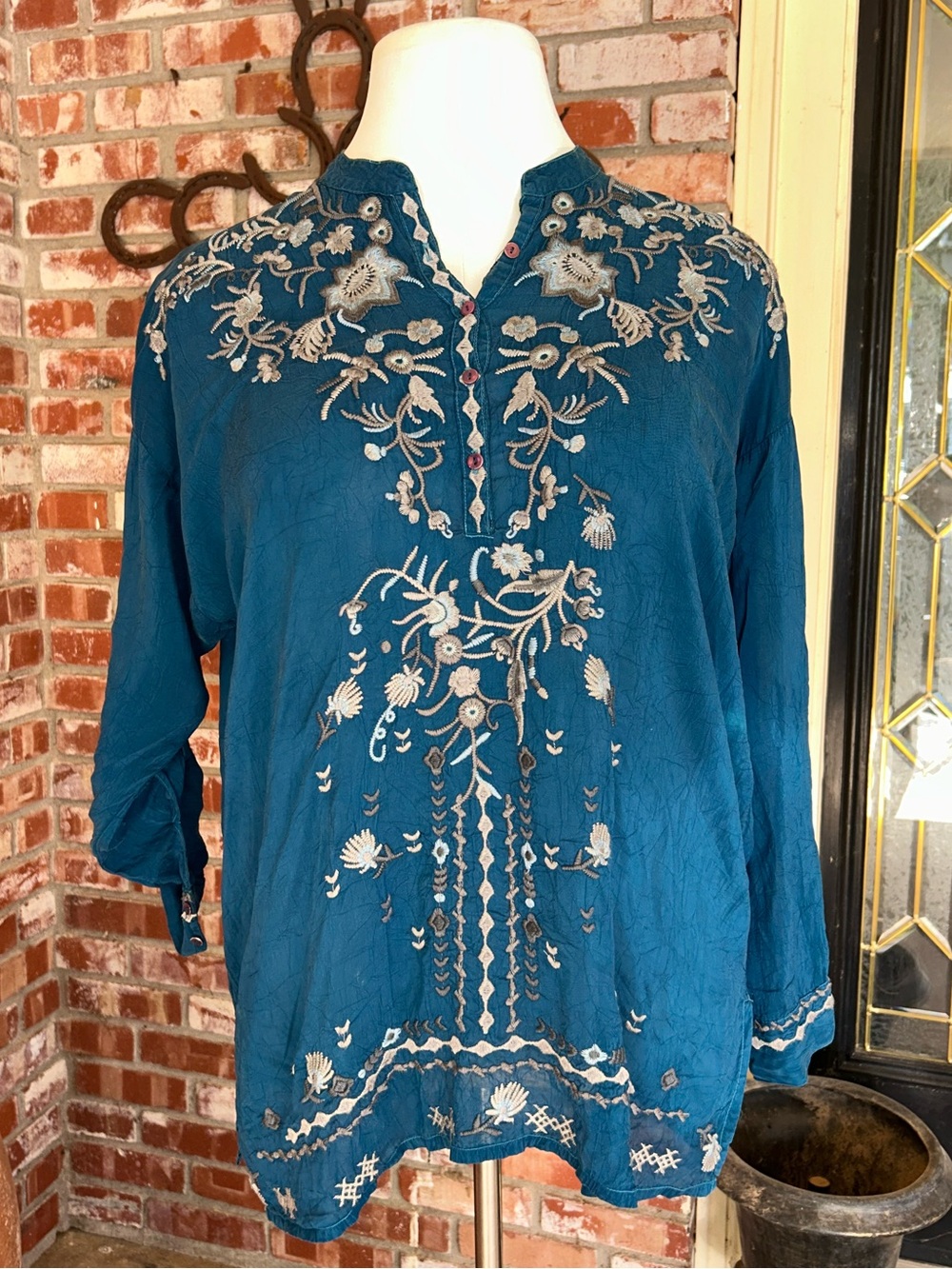Johnny Was Embroidered Teal Women's Tunic Top